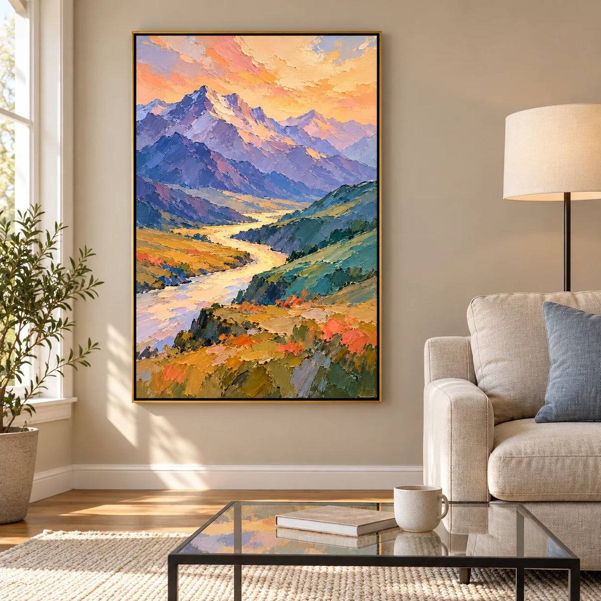 Ownanart Hand-Painted Sunset Mountain Landscape Oil Painting – Purple Peaks, Golden River & Textured Impasto, Vertical Nature Wall Art