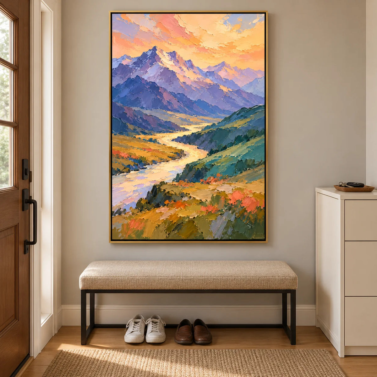 Ownanart Hand-Painted Sunset Mountain Landscape Oil Painting – Purple Peaks, Golden River & Textured Impasto, Vertical Nature Wall Art