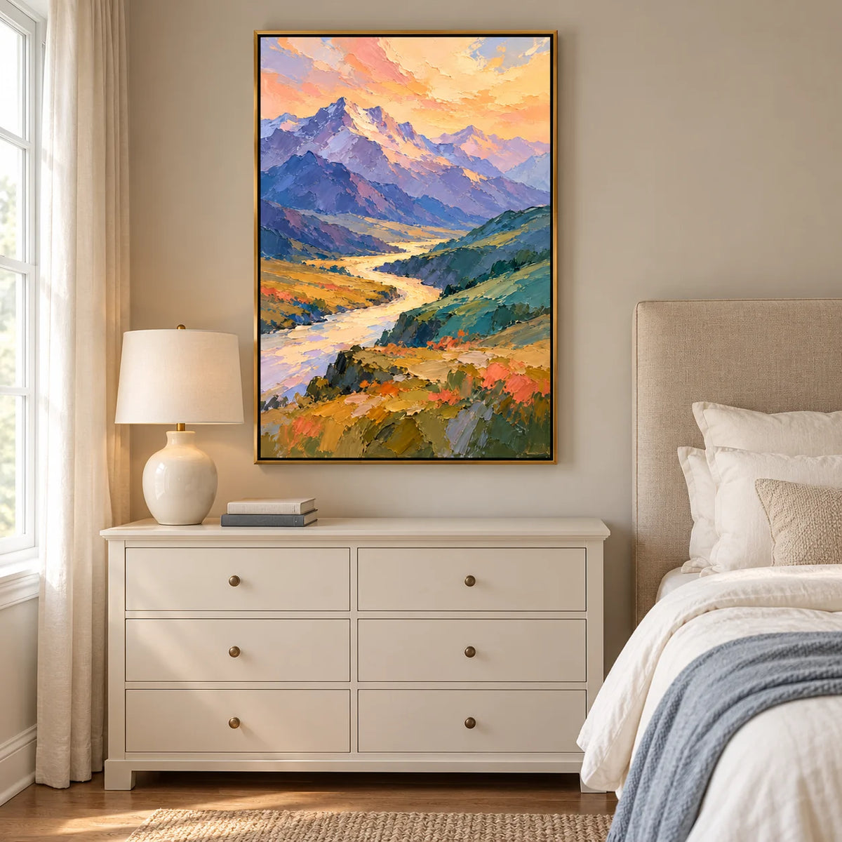 Ownanart Hand-Painted Sunset Mountain Landscape Oil Painting – Purple Peaks, Golden River & Textured Impasto, Vertical Nature Wall Art