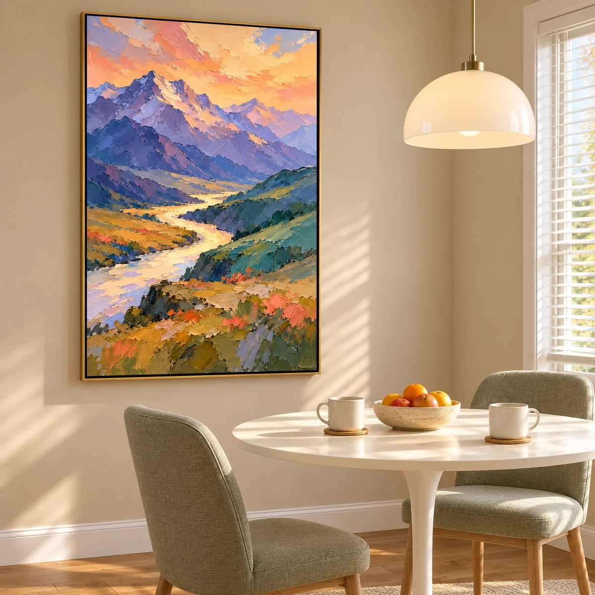 Ownanart Hand-Painted Sunset Mountain Landscape Oil Painting – Purple Peaks, Golden River & Textured Impasto, Vertical Nature Wall Art
