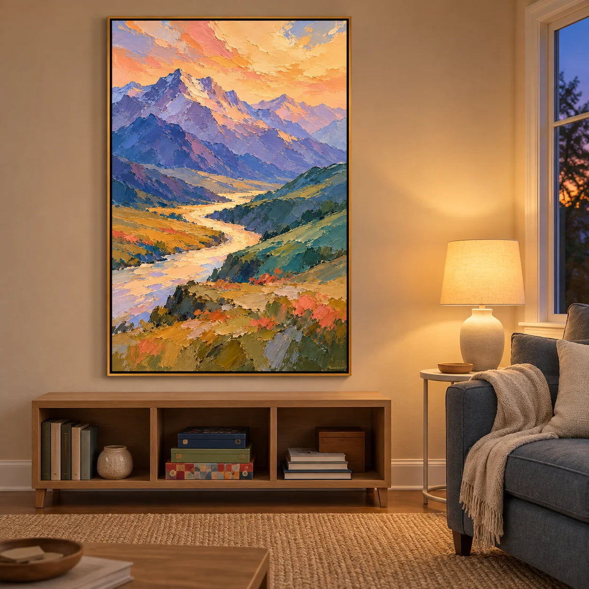 Ownanart Hand-Painted Sunset Mountain Landscape Oil Painting – Purple Peaks, Golden River & Textured Impasto, Vertical Nature Wall Art