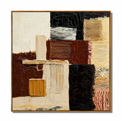 Hand-Painted Textured Abstract Oil Painting – Black, Brown and Neutral Geometric Wall Art for Modern Interiors#OA 0977