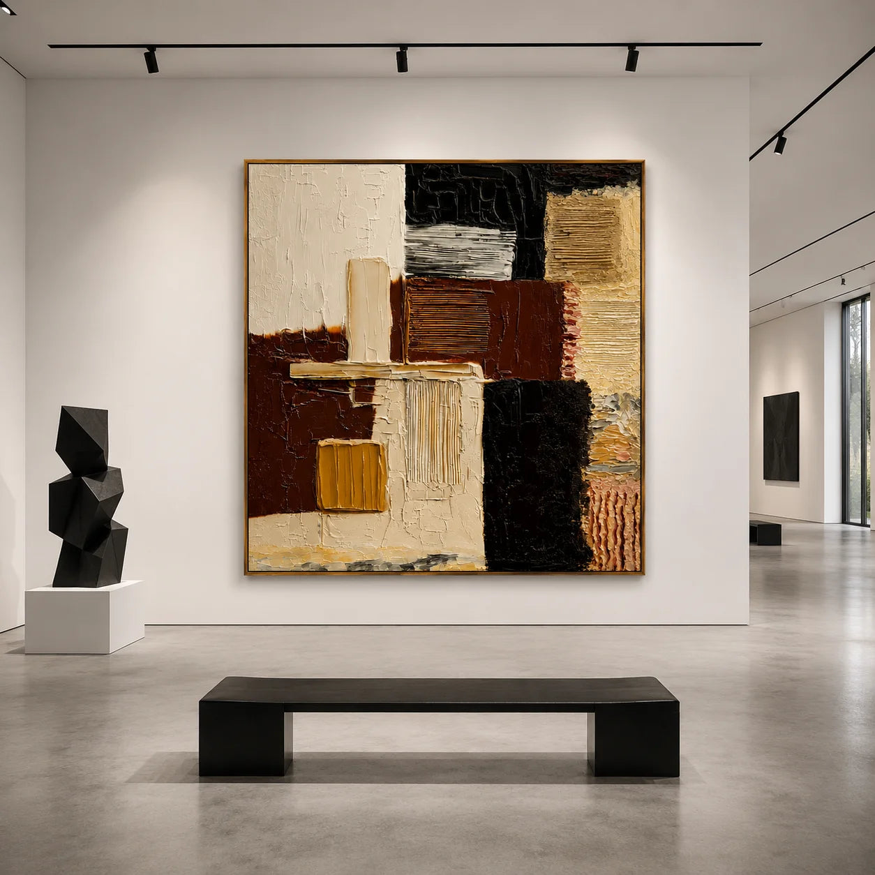 Hand-Painted Textured Abstract Oil Painting – Black, Brown and Neutral Geometric Wall Art for Modern Interiors#OA 0977