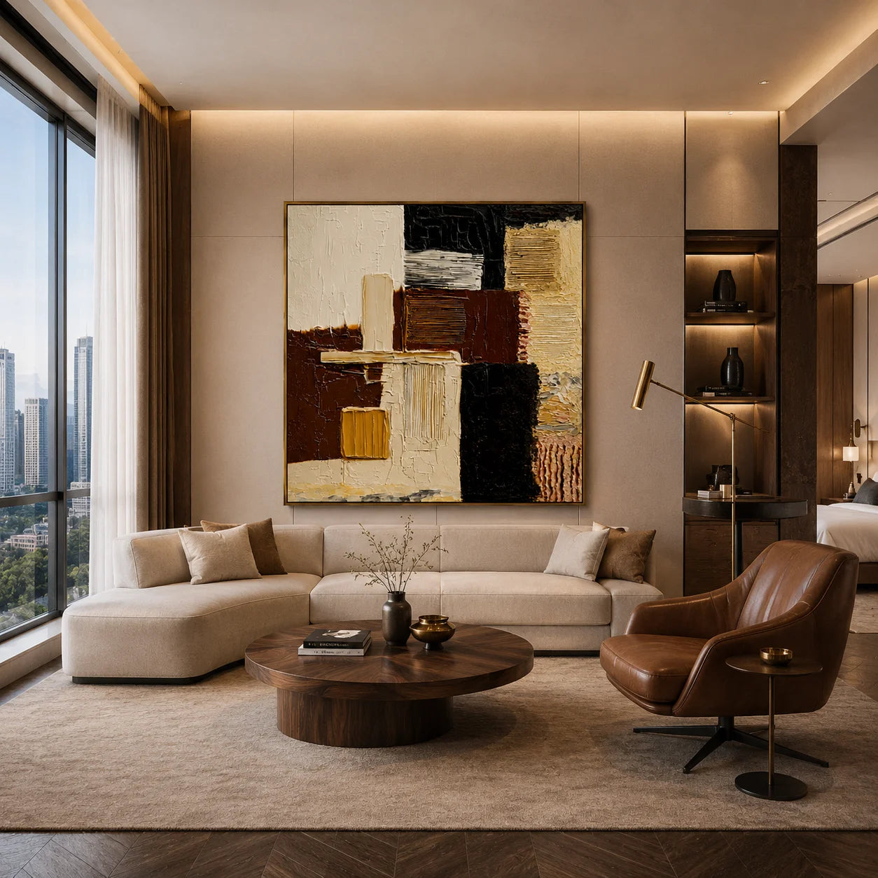 Hand-Painted Textured Abstract Oil Painting – Black, Brown and Neutral Geometric Wall Art for Modern Interiors#OA 0977