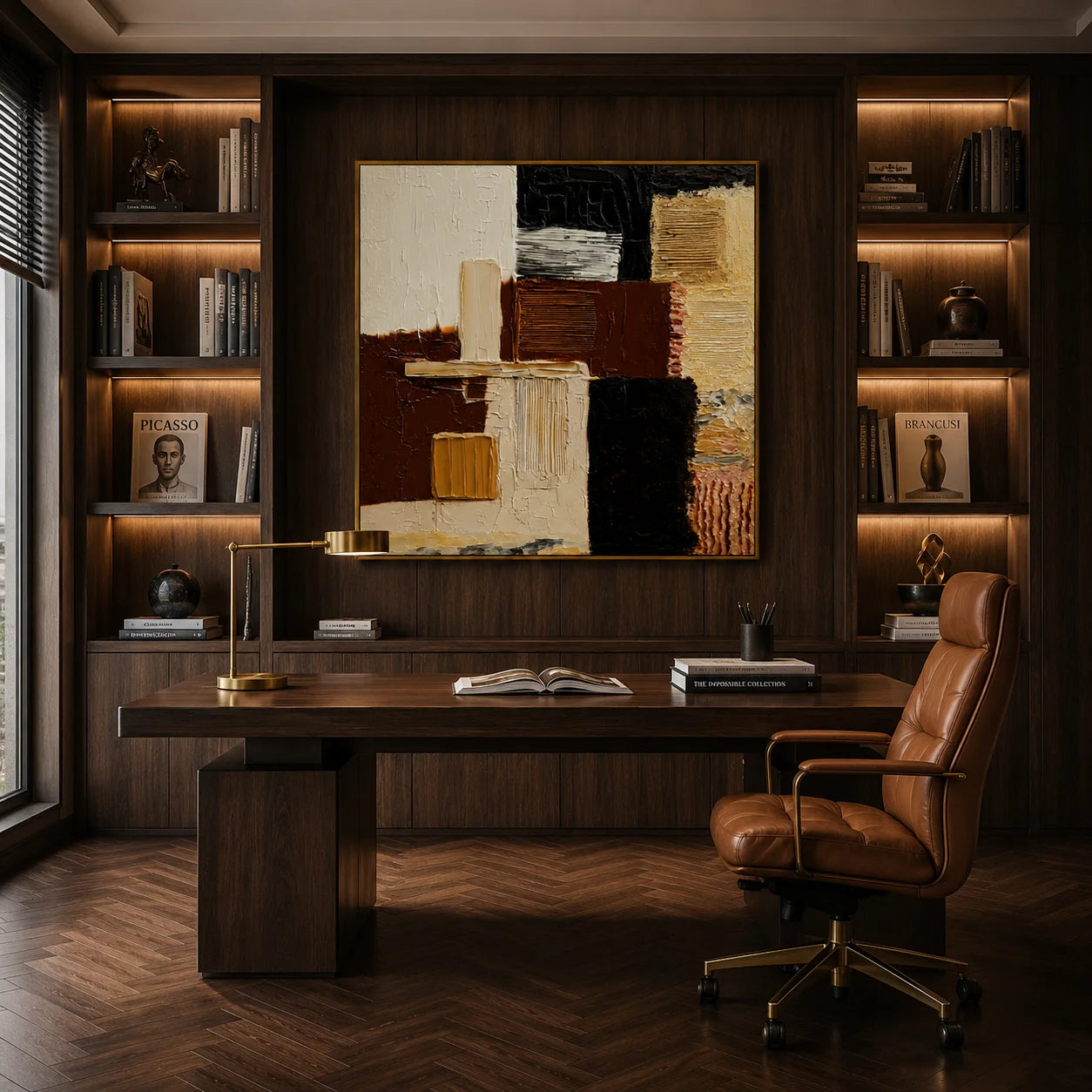 Hand-Painted Textured Abstract Oil Painting – Black, Brown and Neutral Geometric Wall Art for Modern Interiors#OA 0977
