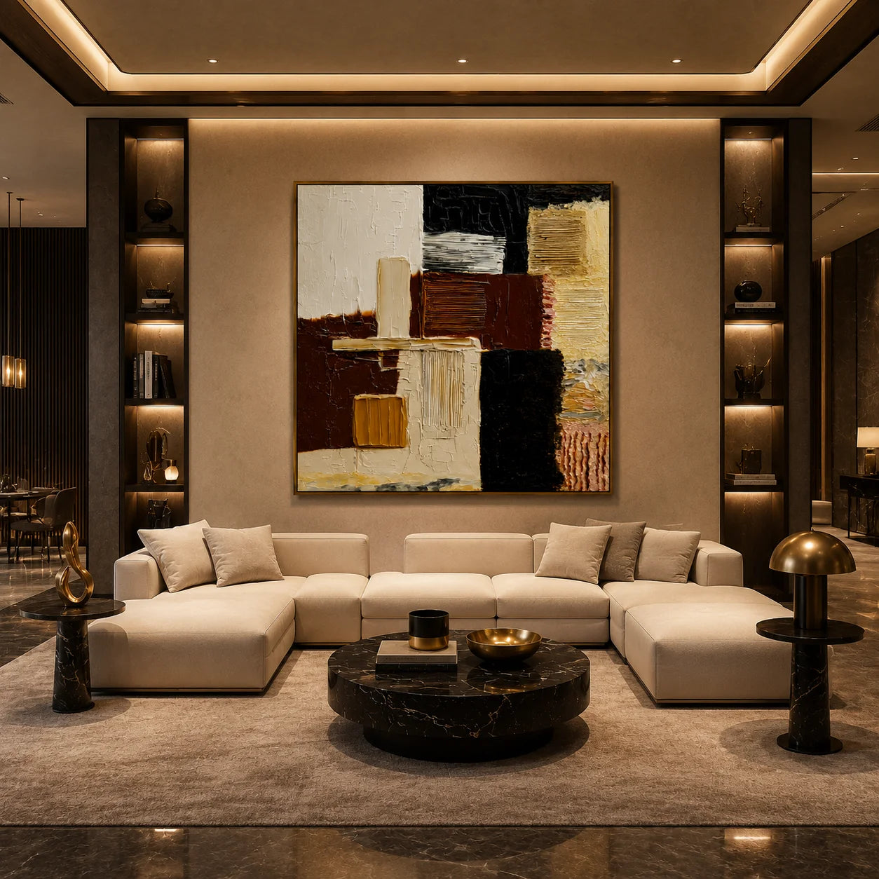 Hand-Painted Textured Abstract Oil Painting – Black, Brown and Neutral Geometric Wall Art for Modern Interiors#OA 0977