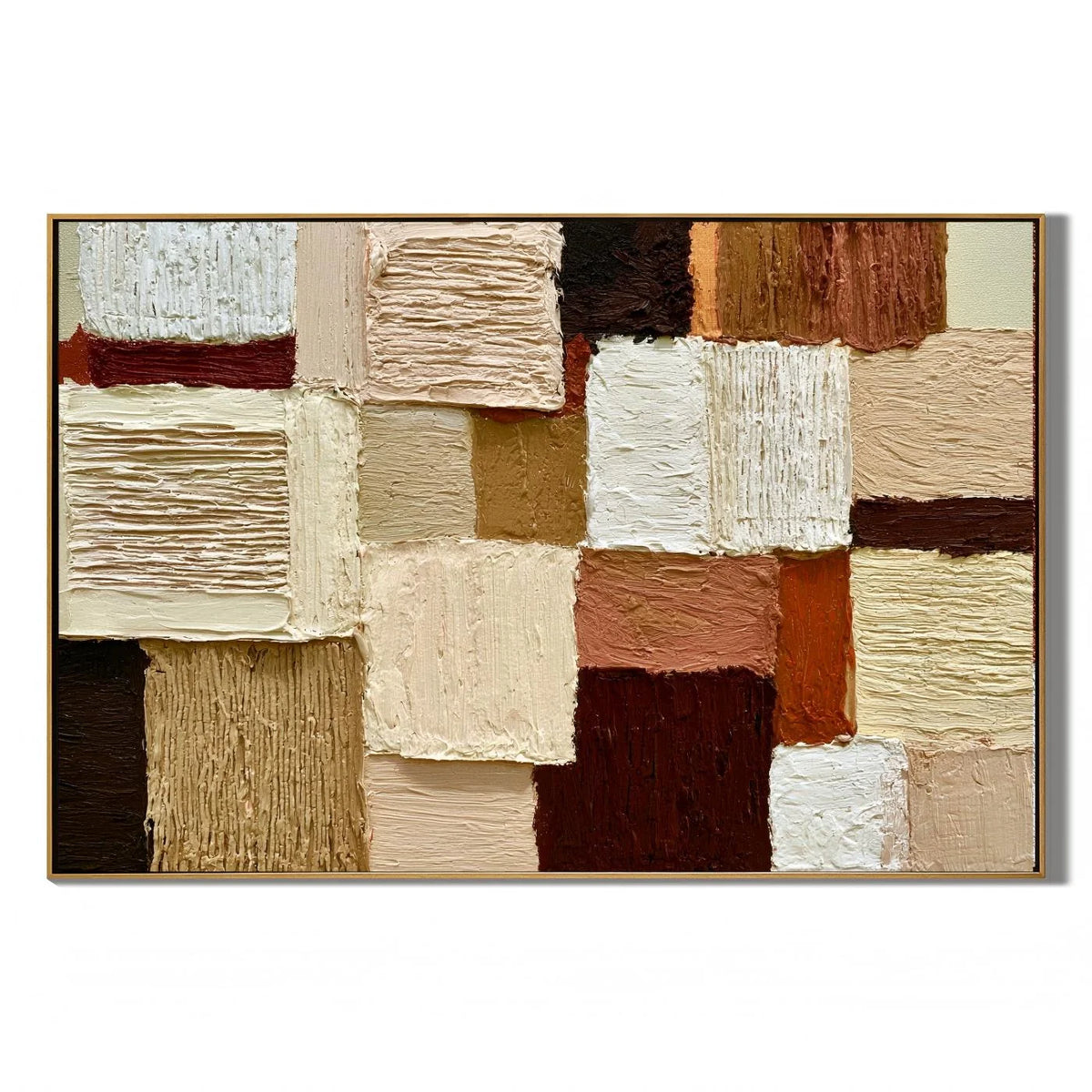 Hand-Painted Textured Abstract Oil Painting – Horizontal Earth Tone Geometric Wall Art for Modern Home Decor#OA 0984