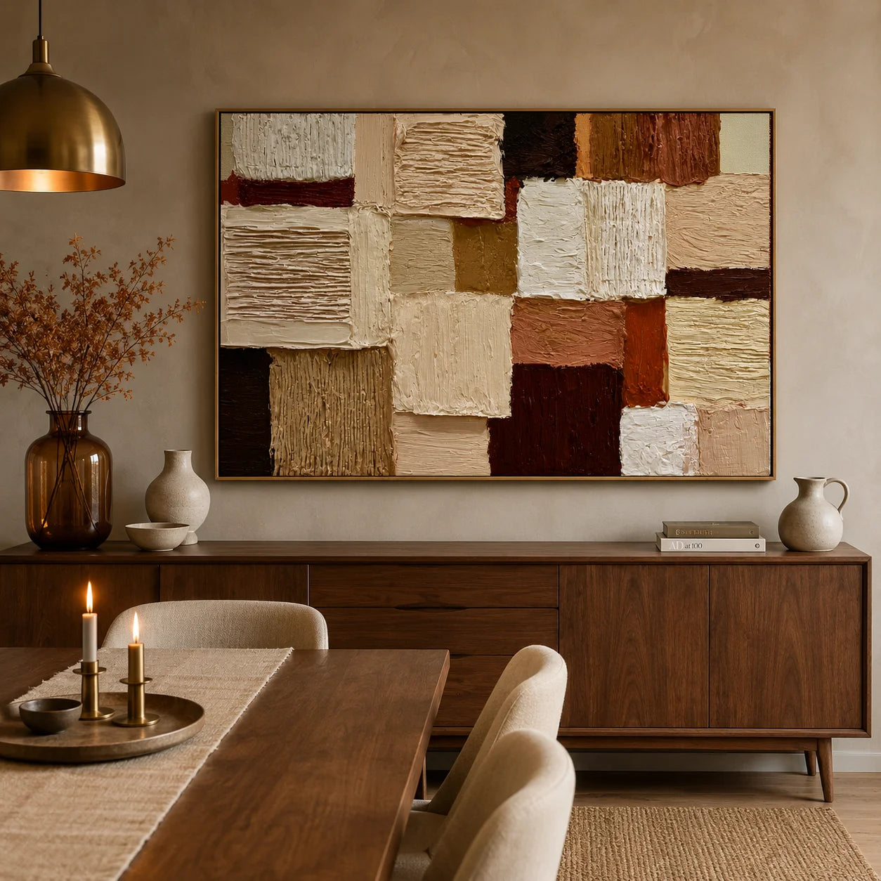 Hand-Painted Textured Abstract Oil Painting – Horizontal Earth Tone Geometric Wall Art for Modern Home Decor#OA 0984