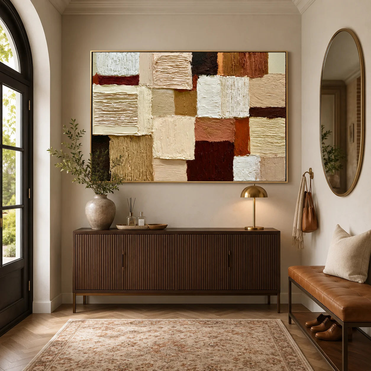 Hand-Painted Textured Abstract Oil Painting – Horizontal Earth Tone Geometric Wall Art for Modern Home Decor#OA 0984