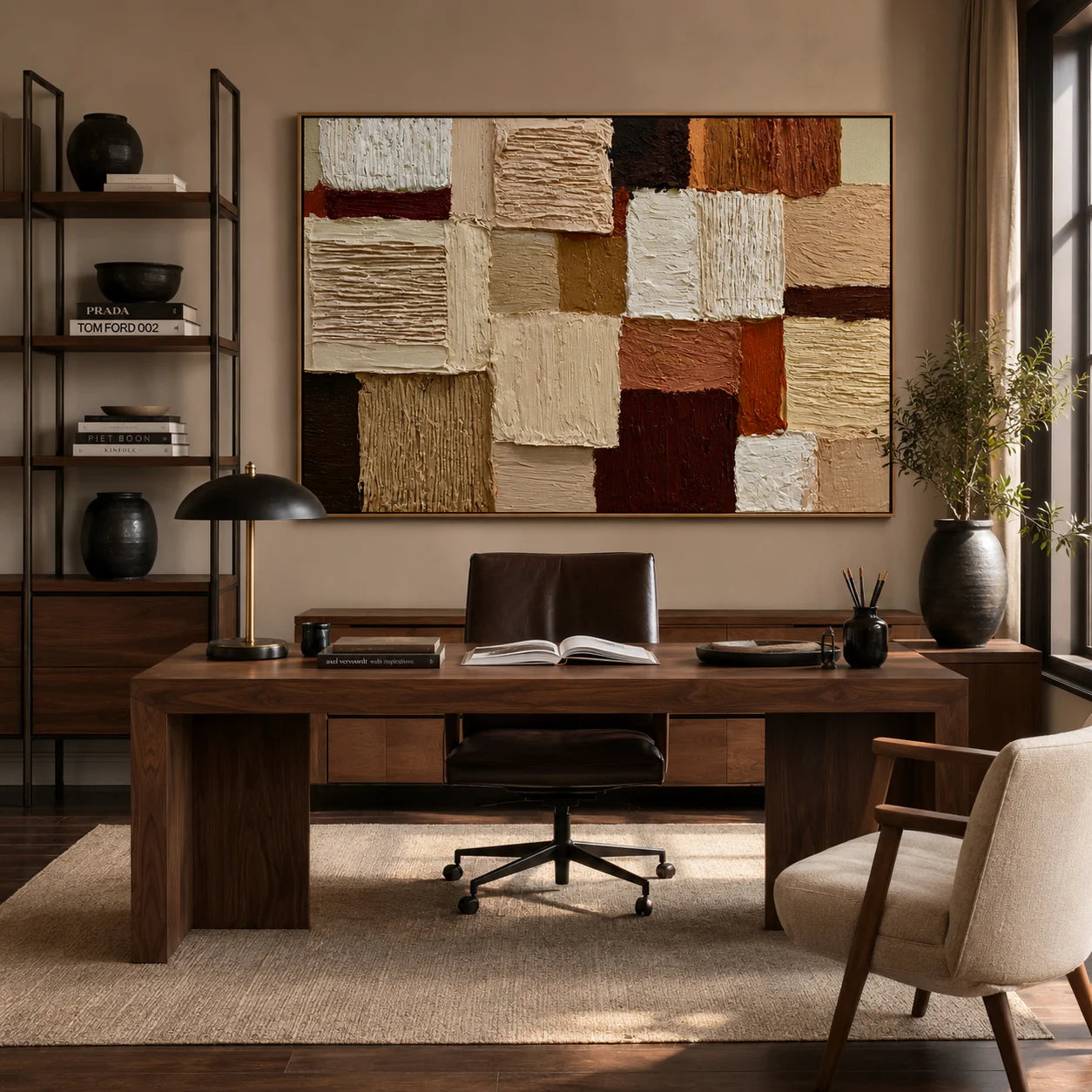 Hand-Painted Textured Abstract Oil Painting – Horizontal Earth Tone Geometric Wall Art for Modern Home Decor#OA 0984