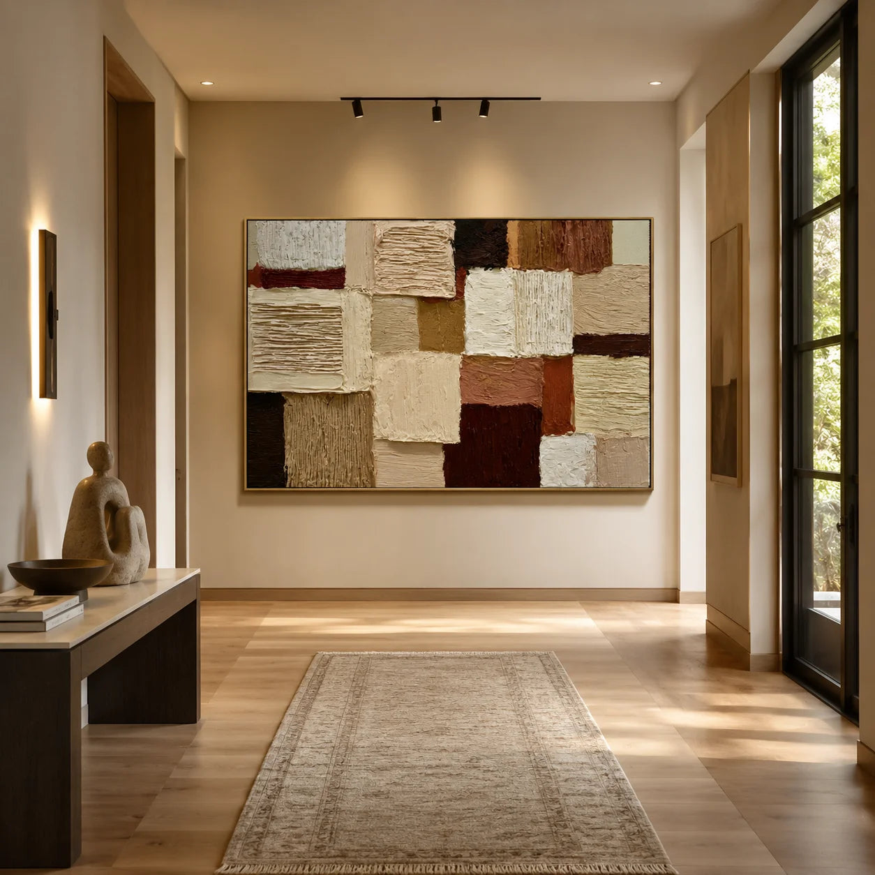 Hand-Painted Textured Abstract Oil Painting – Horizontal Earth Tone Geometric Wall Art for Modern Home Decor#OA 0984