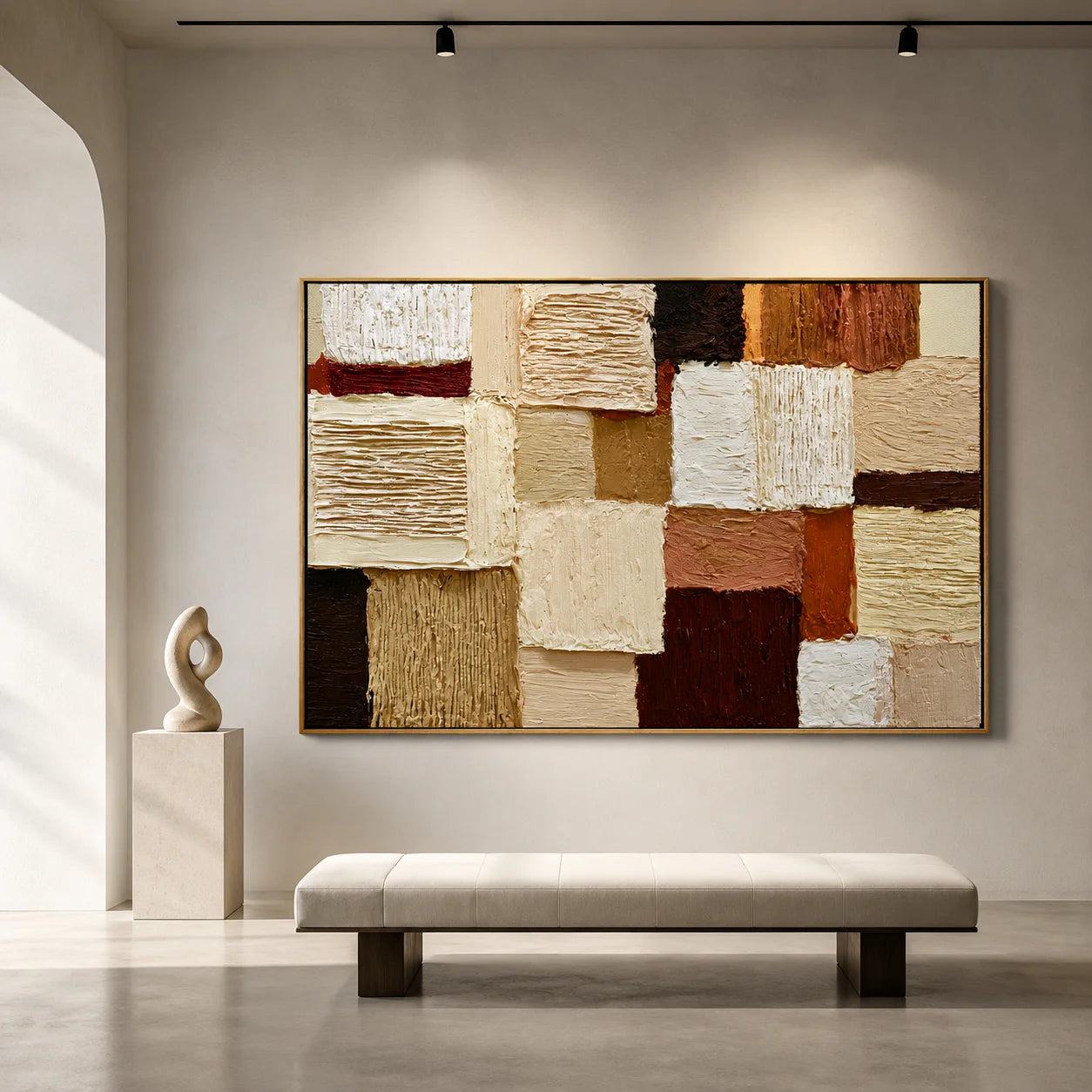 Hand-Painted Textured Abstract Oil Painting – Horizontal Earth Tone Geometric Wall Art for Modern Home Decor#OA 0984