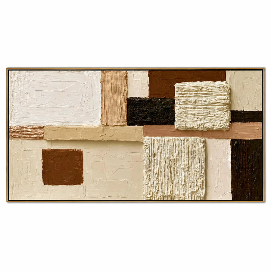 Hand-Painted Textured Abstract Oil Painting – Horizontal Neutral Geometric Wall Art for Modern Home Decor#OA 0979