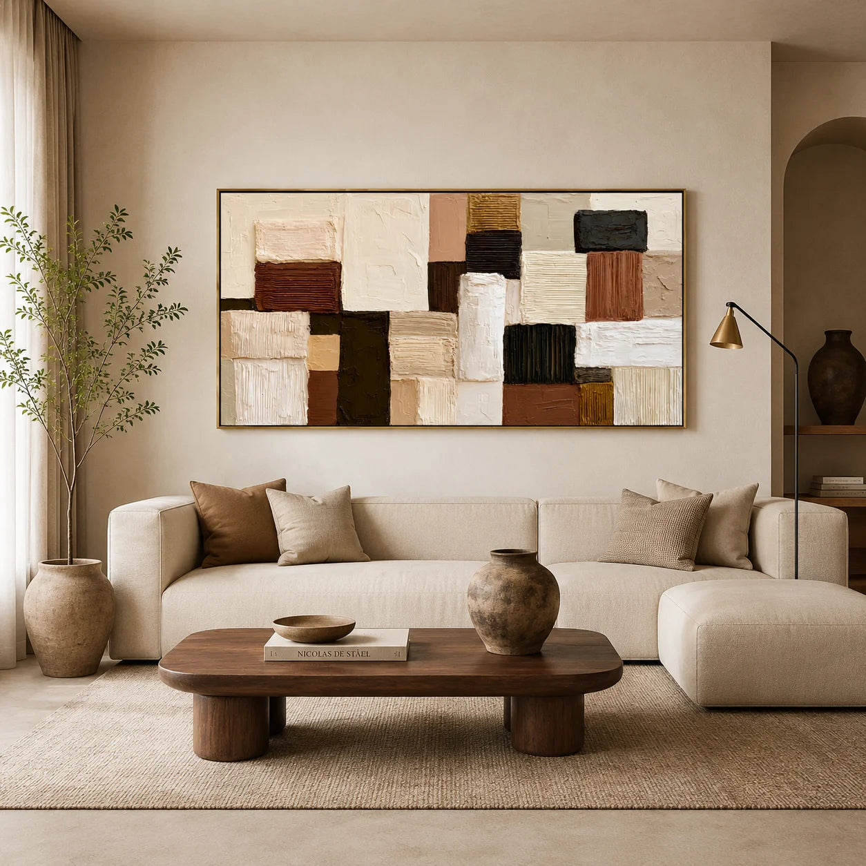 Hand-Painted Textured Abstract Oil Painting – Horizontal Neutral Geometric Wall Art for Modern Home Decor#OA 0980