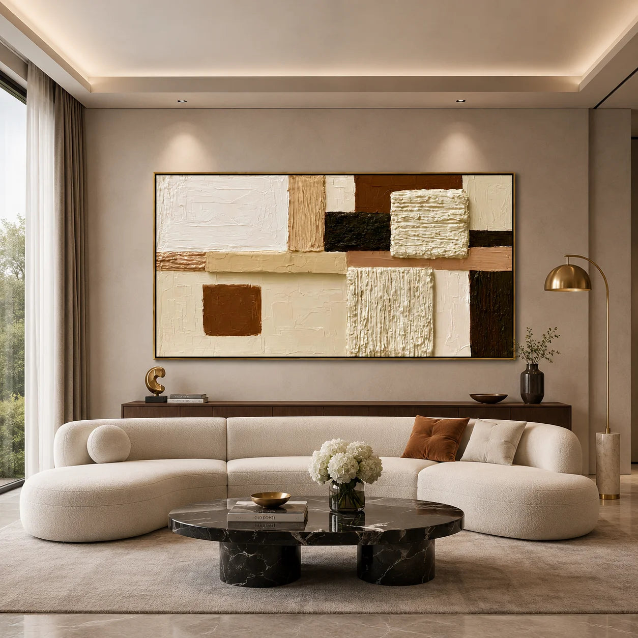 Hand-Painted Textured Abstract Oil Painting – Horizontal Neutral Geometric Wall Art for Modern Home Decor#OA 0979