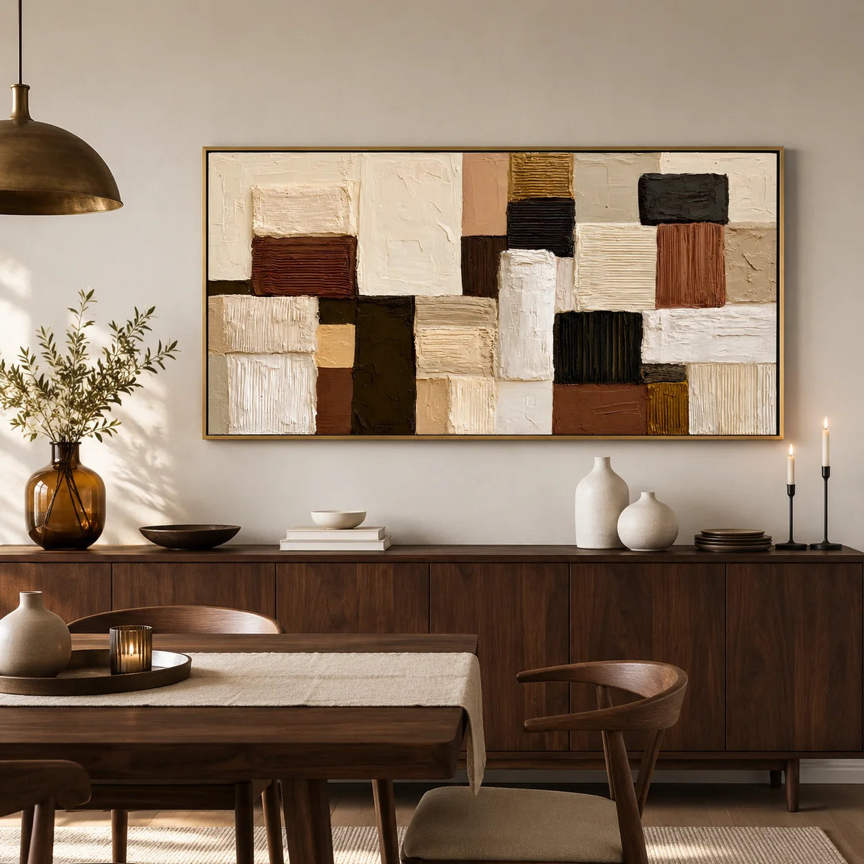 Hand-Painted Textured Abstract Oil Painting – Horizontal Neutral Geometric Wall Art for Modern Home Decor#OA 0980