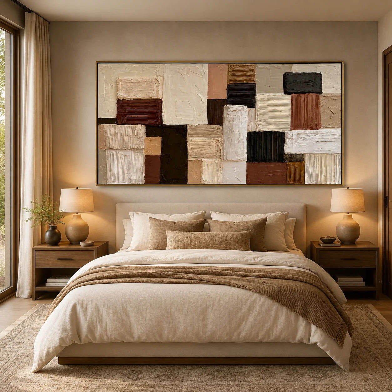 Hand-Painted Textured Abstract Oil Painting – Horizontal Neutral Geometric Wall Art for Modern Home Decor#OA 0980
