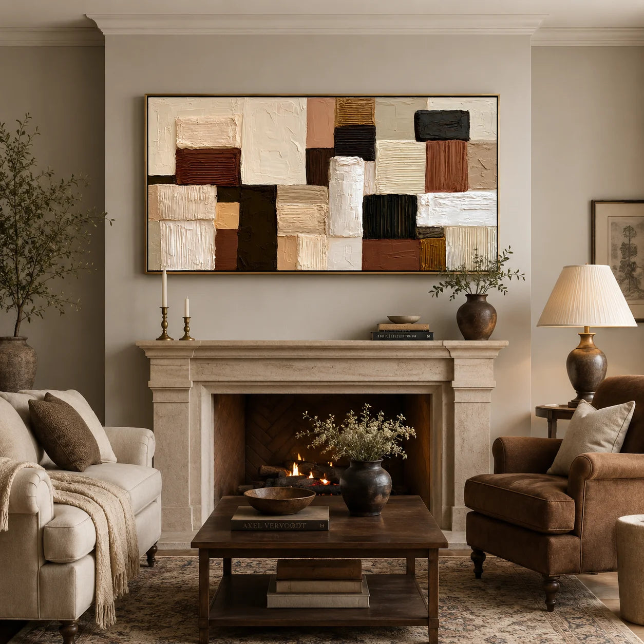 Hand-Painted Textured Abstract Oil Painting – Horizontal Neutral Geometric Wall Art for Modern Home Decor#OA 0980