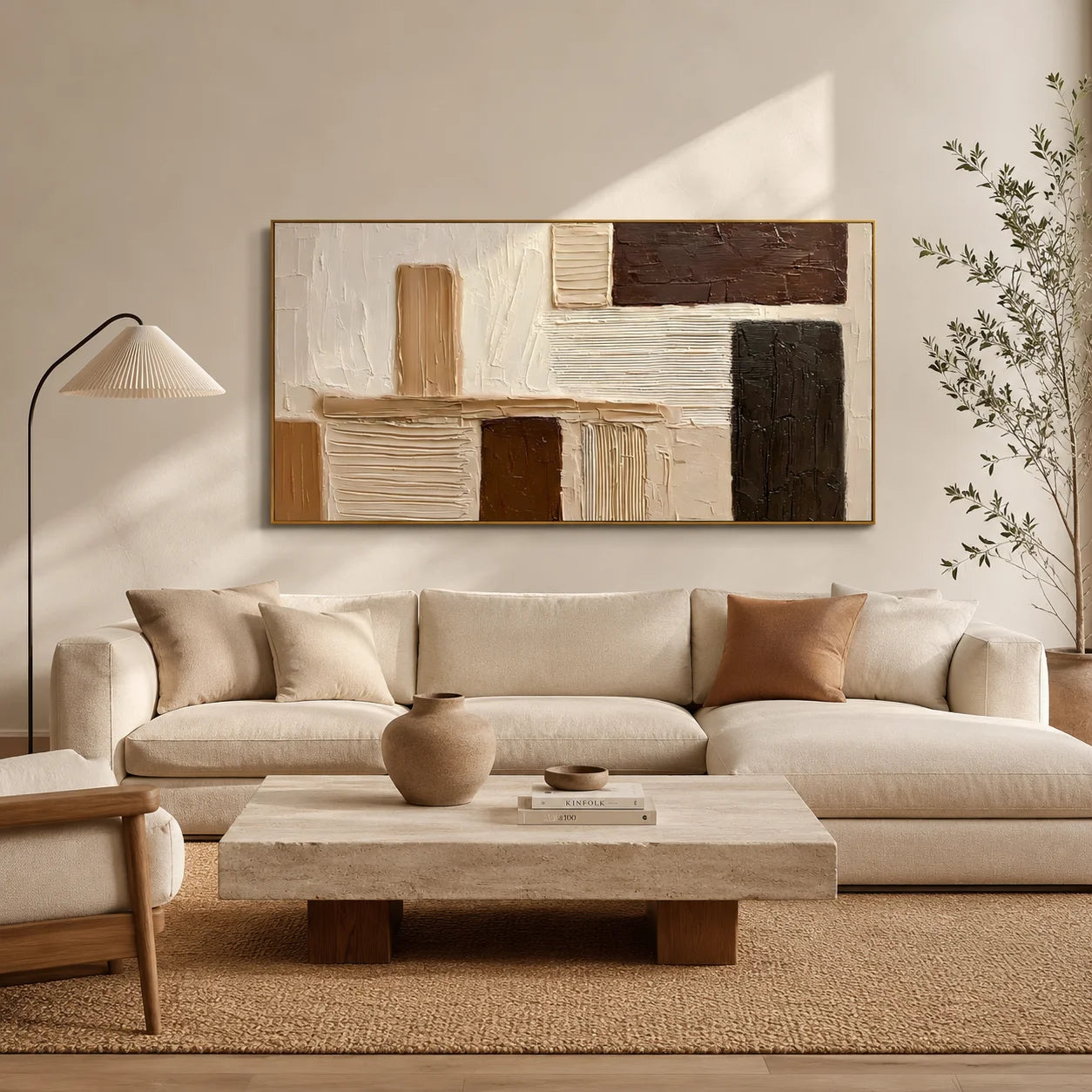 Hand-Painted Textured Abstract Oil Painting – Horizontal Neutral Geometric Wall Art for Modern Minimalist Decor#OA 0985