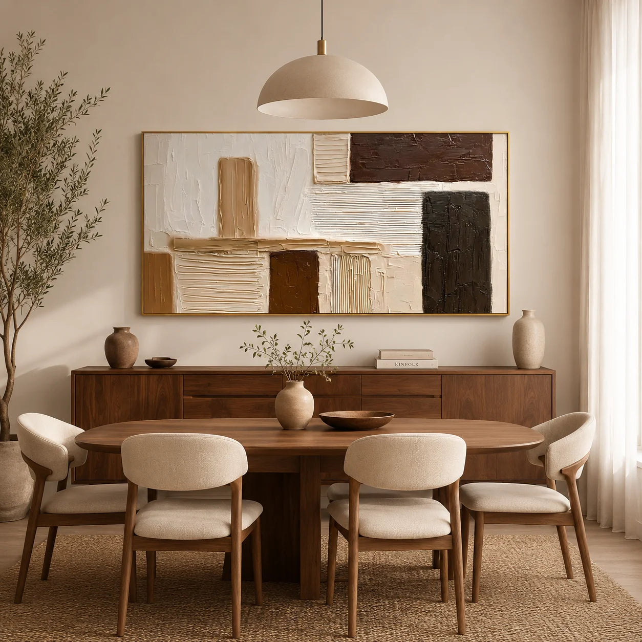 Hand-Painted Textured Abstract Oil Painting – Horizontal Neutral Geometric Wall Art for Modern Minimalist Decor#OA 0985