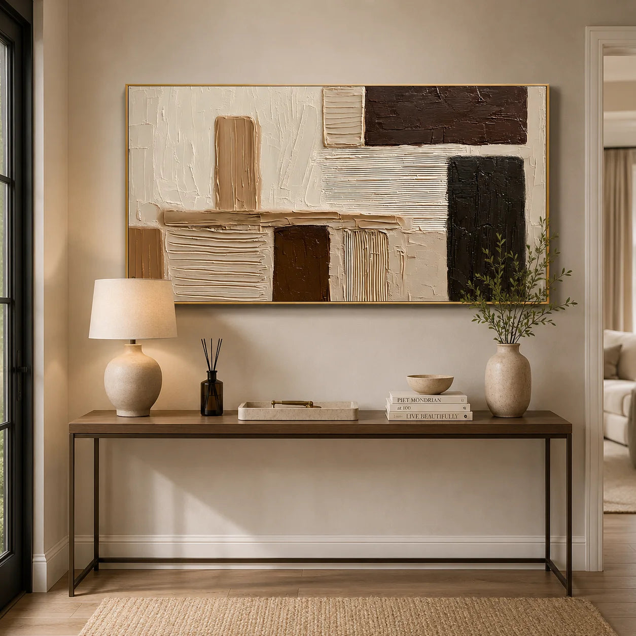 Hand-Painted Textured Abstract Oil Painting – Horizontal Neutral Geometric Wall Art for Modern Minimalist Decor#OA 0985
