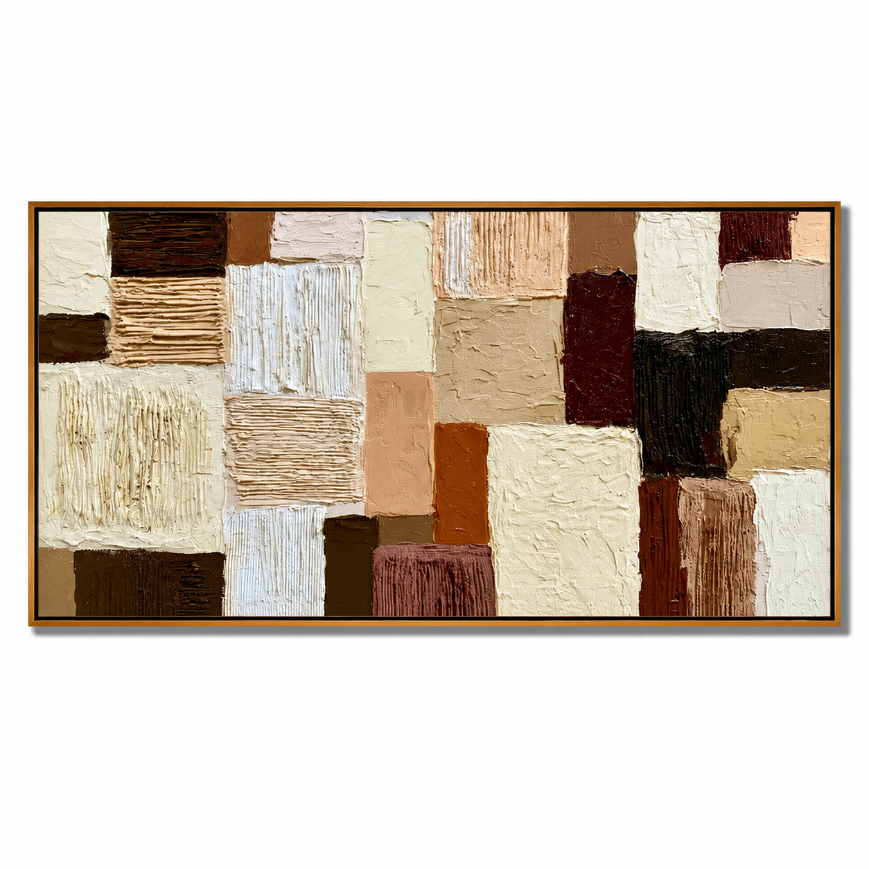 Hand-Painted Textured Abstract Oil Painting – Long Horizontal Neutral Geometric Wall Art for Modern Home Decor