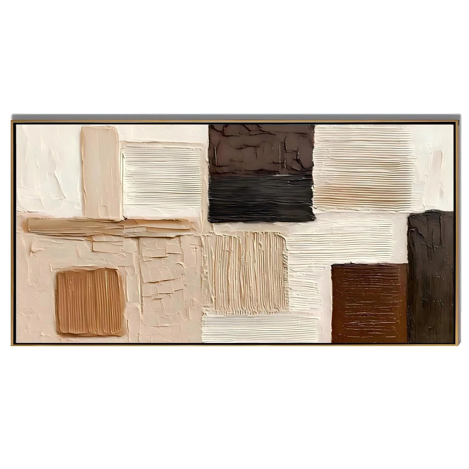 Hand-Painted Textured Abstract Oil Painting – Long Horizontal Neutral Geometric Wall Art for Modern Home Decor#OA 0981