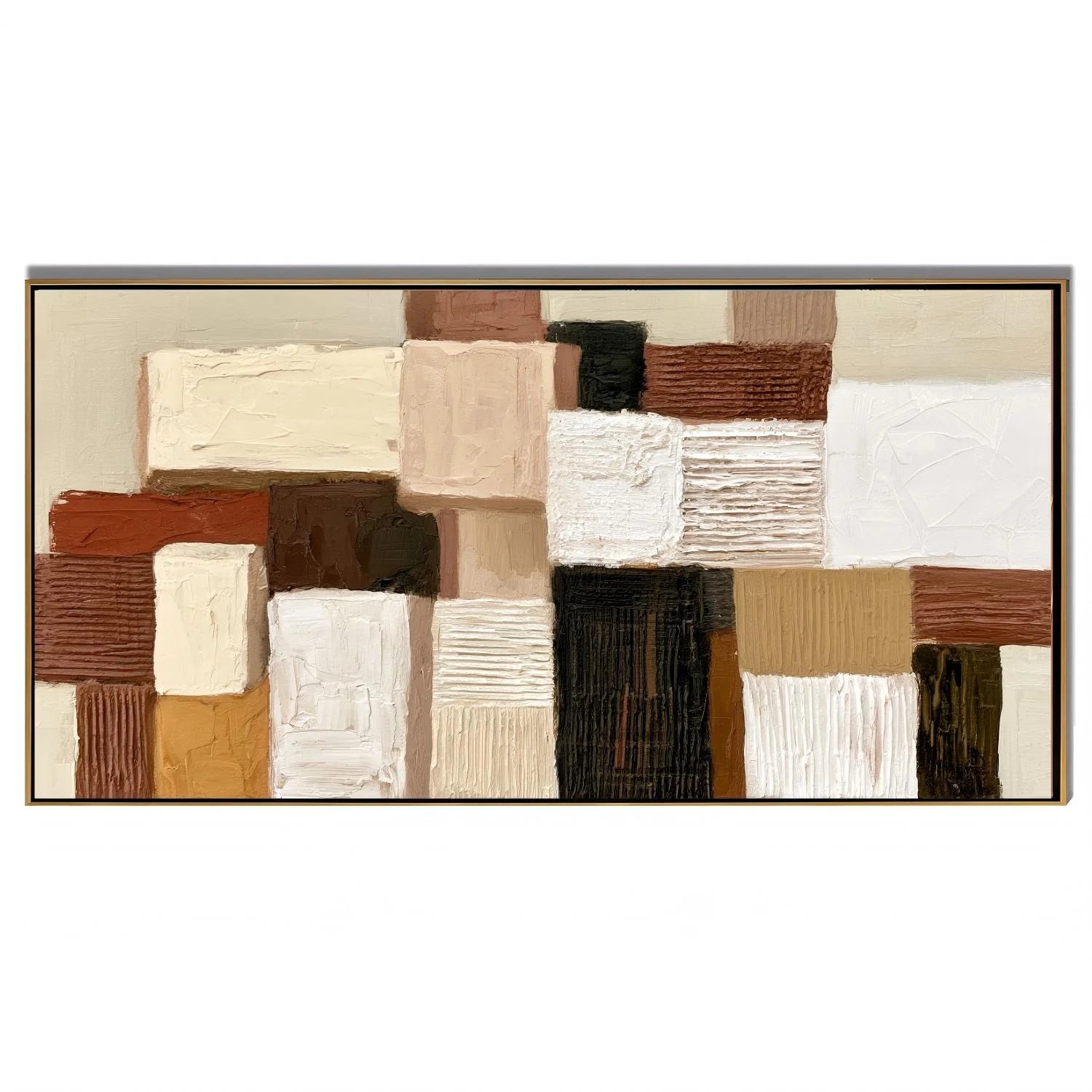 Hand-Painted Textured Abstract Oil Painting – Long Horizontal Neutral Geometric Wall Art for Modern Home Decor#OA 0983