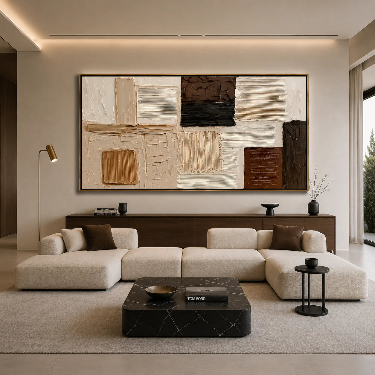 Hand-Painted Textured Abstract Oil Painting – Long Horizontal Neutral Geometric Wall Art for Modern Home Decor#OA 0981