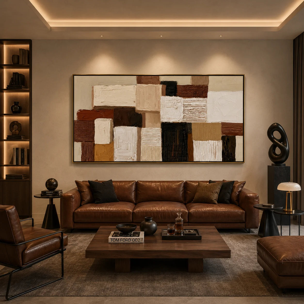 Hand-Painted Textured Abstract Oil Painting – Long Horizontal Neutral Geometric Wall Art for Modern Home Decor#OA 0983