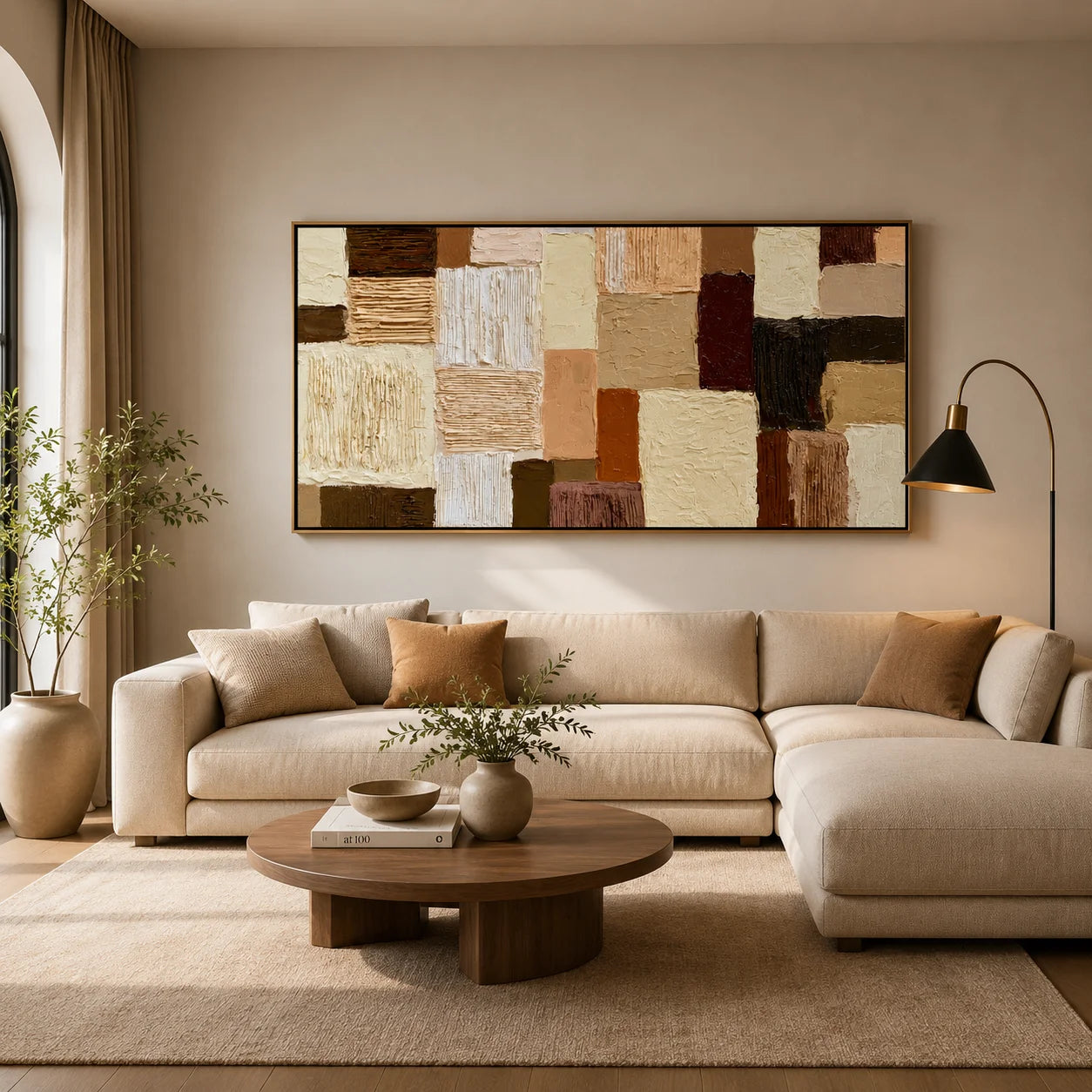 Hand-Painted Textured Abstract Oil Painting – Long Horizontal Neutral Geometric Wall Art for Modern Home Decor#OA 0982