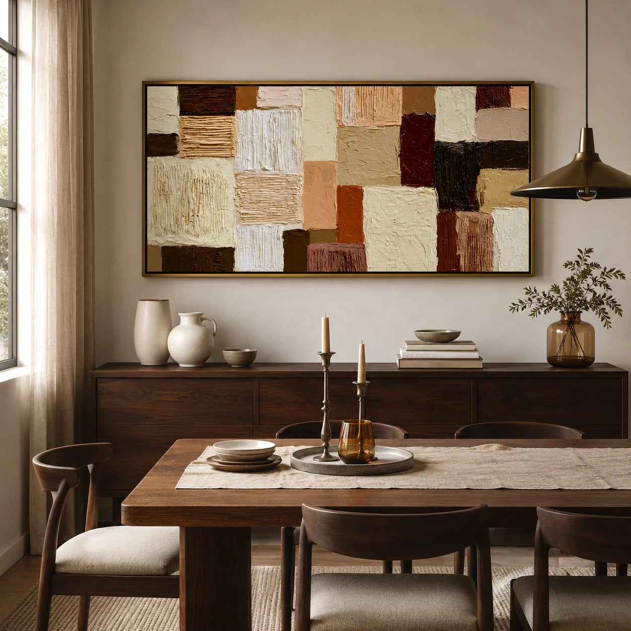 Hand-Painted Textured Abstract Oil Painting – Long Horizontal Neutral Geometric Wall Art for Modern Home Decor#OA 0982