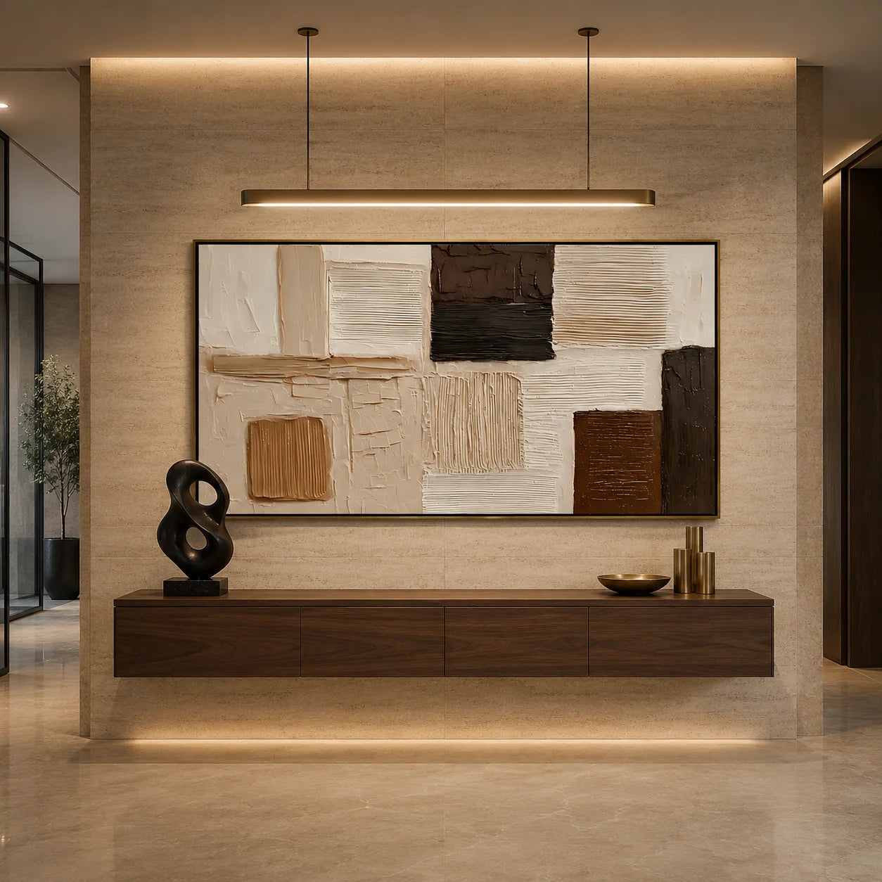 Hand-Painted Textured Abstract Oil Painting – Long Horizontal Neutral Geometric Wall Art for Modern Home Decor#OA 0981