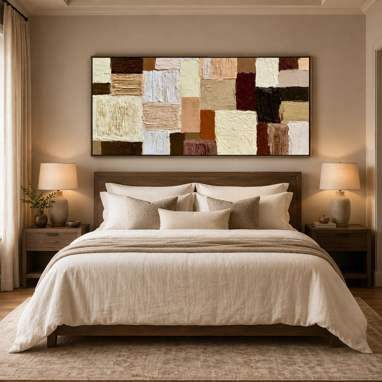 Hand-Painted Textured Abstract Oil Painting – Long Horizontal Neutral Geometric Wall Art for Modern Home Decor#OA 0982