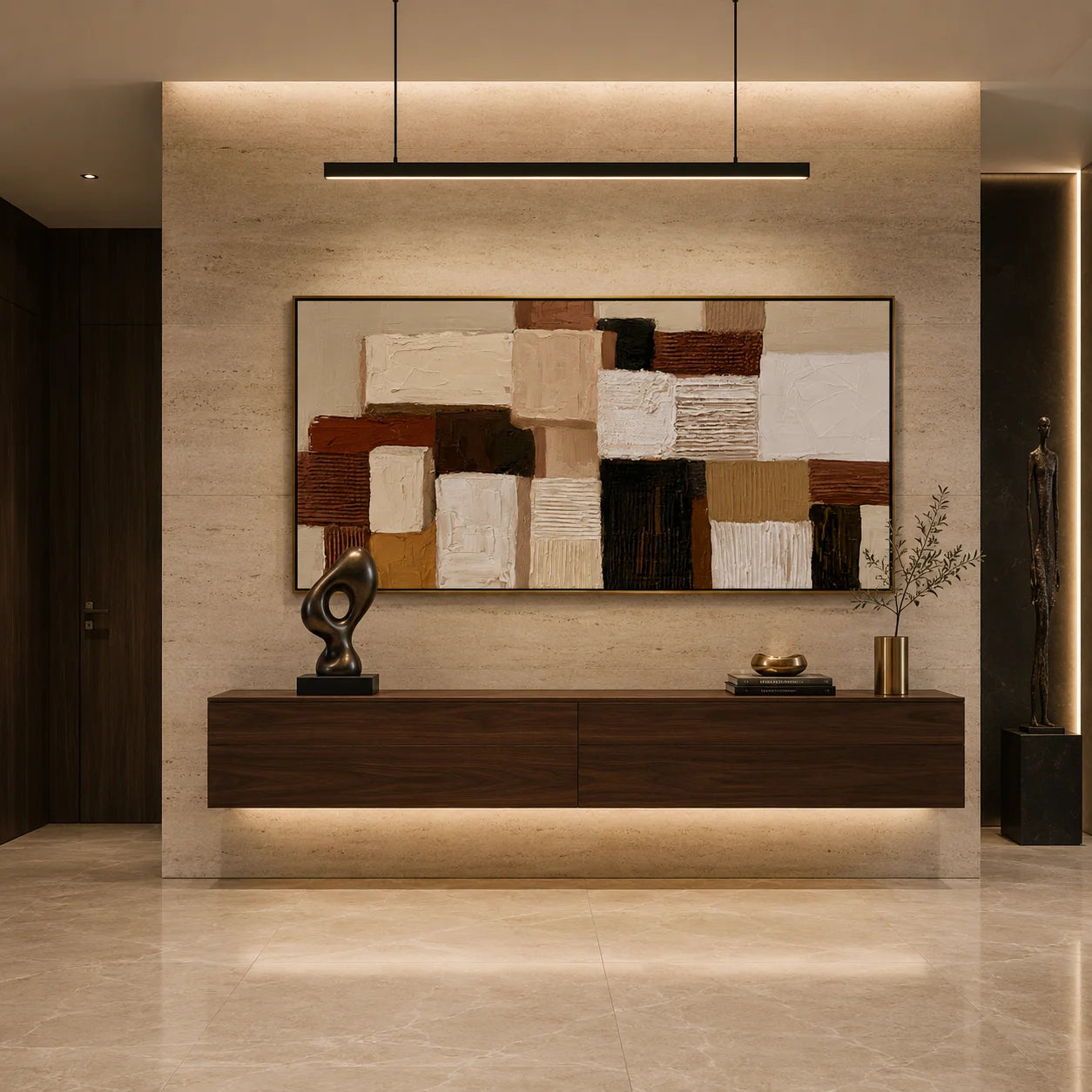 Hand-Painted Textured Abstract Oil Painting – Long Horizontal Neutral Geometric Wall Art for Modern Home Decor#OA 0983