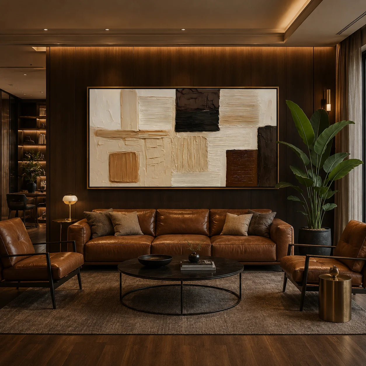 Hand-Painted Textured Abstract Oil Painting – Long Horizontal Neutral Geometric Wall Art for Modern Home Decor#OA 0981