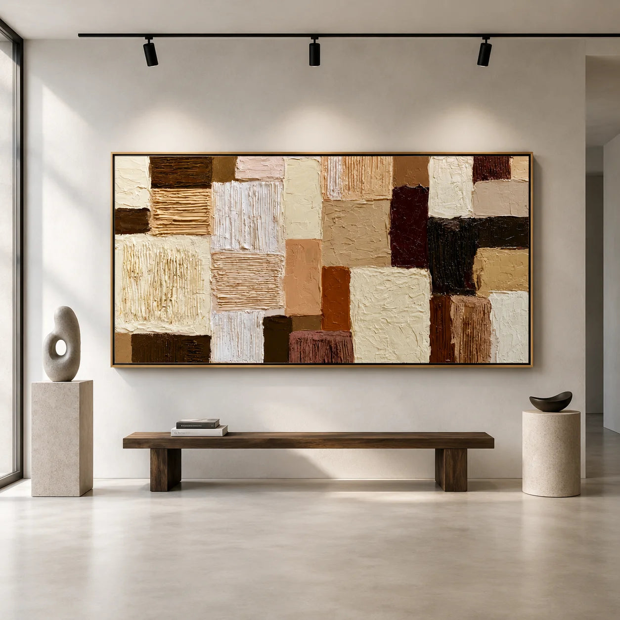 Hand-Painted Textured Abstract Oil Painting – Long Horizontal Neutral Geometric Wall Art for Modern Home Decor#OA 0982