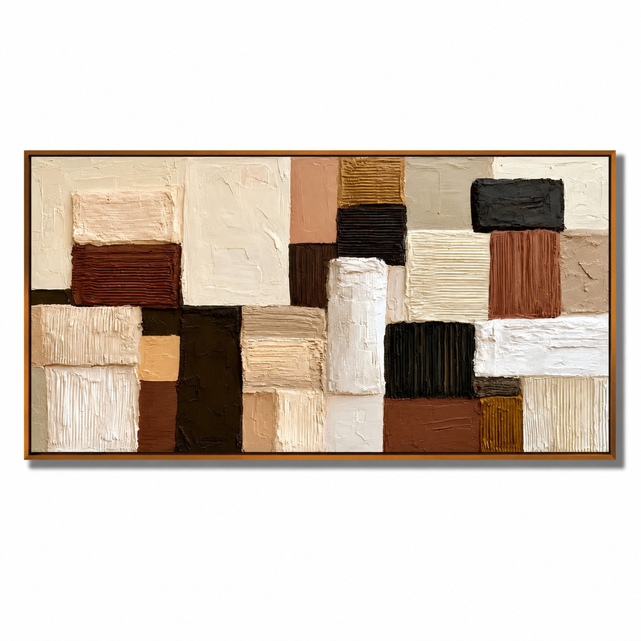 Hand-Painted Textured Abstract Oil Painting – Horizontal Neutral Geometric Wall Art for Modern Home Decor#OA 0980