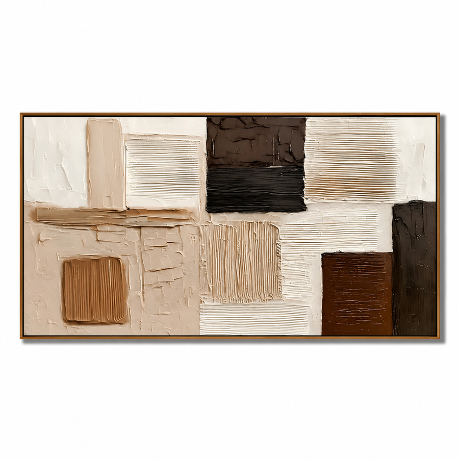 Hand-Painted Textured Abstract Oil Painting – Long Horizontal Neutral Geometric Wall Art for Modern Home Decor#OA 0981