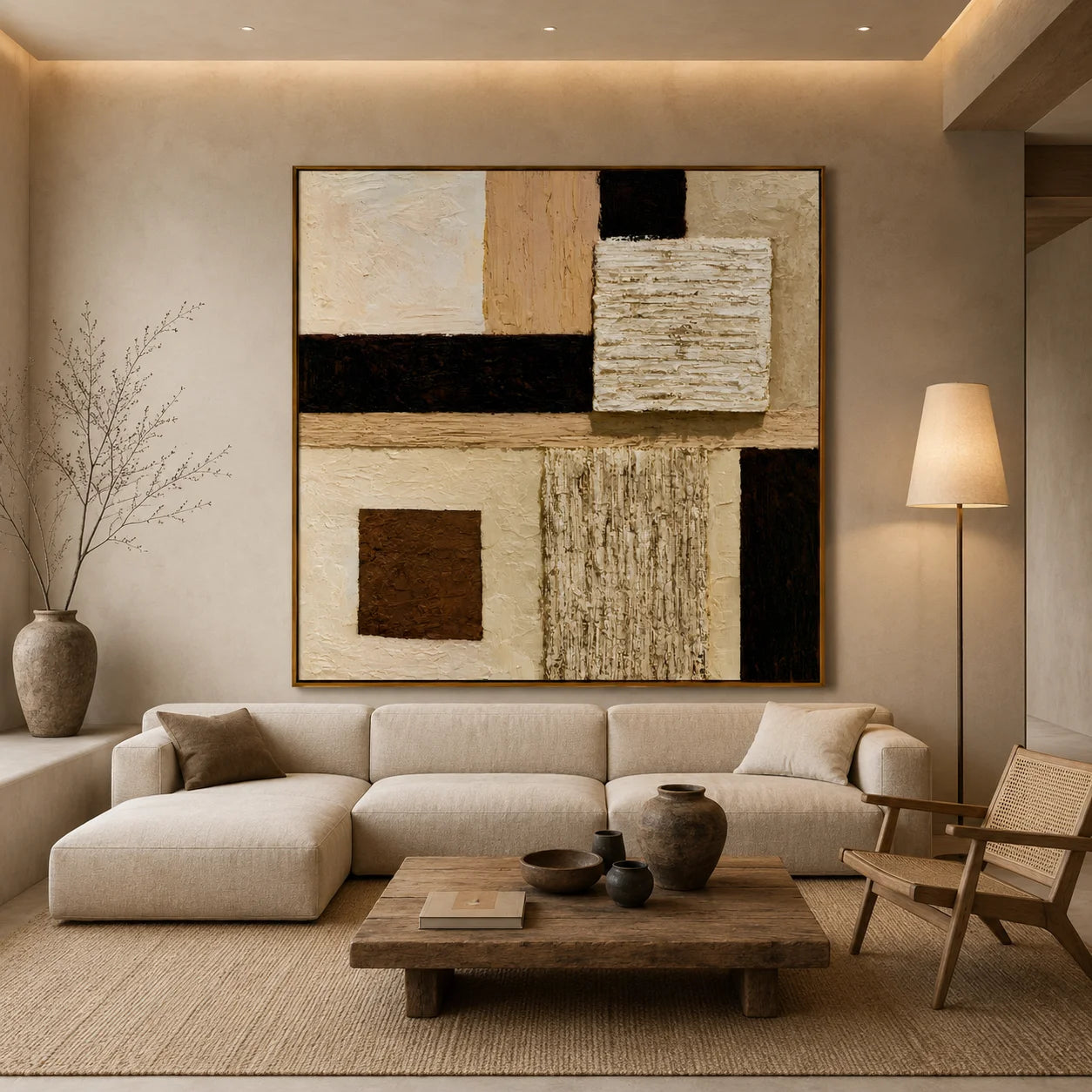 Hand-Painted Textured Abstract Oil Painting – Neutral Beige Geometric Wall Art for Modern Minimalist Decor#OA 0978