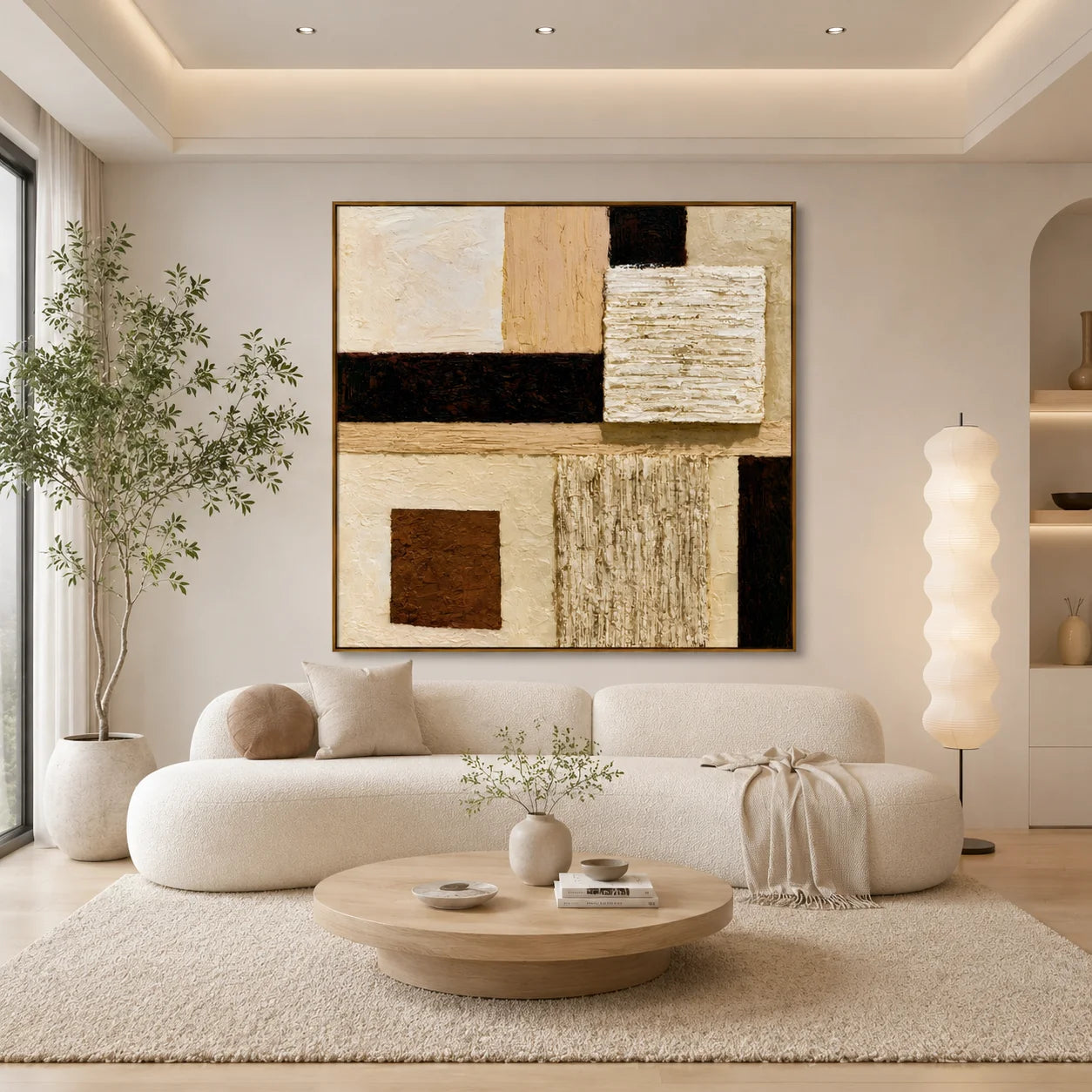 Hand-Painted Textured Abstract Oil Painting – Neutral Beige Geometric Wall Art for Modern Minimalist Decor#OA 0978