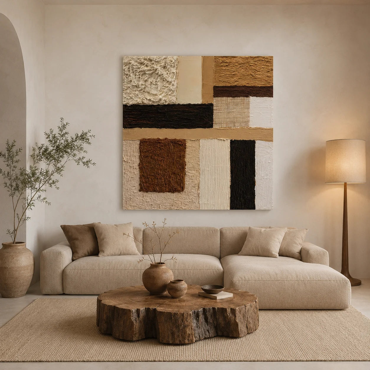 Hand-Painted Textured Abstract Oil Painting – Neutral Geometric Wall Art for Modern Home Decor#OA 0975