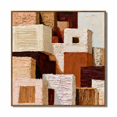 Hand-Painted Textured Abstract Oil Painting – Warm Neutral Geometric Wall Art for Modern Home Decor#OA 0976