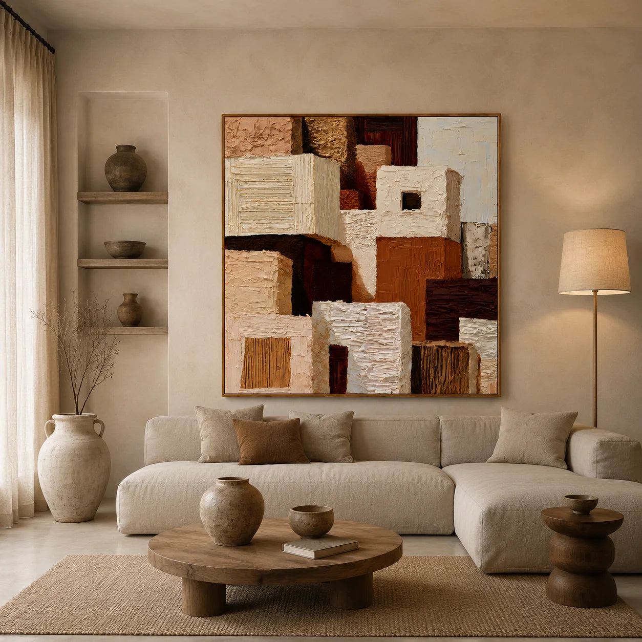 Hand-Painted Textured Abstract Oil Painting – Warm Neutral Geometric Wall Art for Modern Home Decor#OA 0976