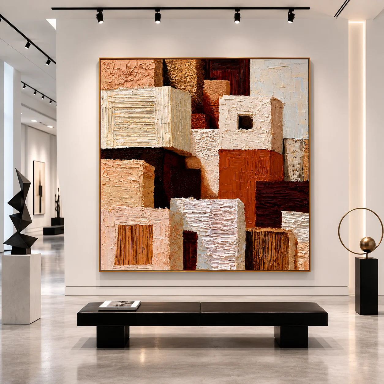 Hand-Painted Textured Abstract Oil Painting – Warm Neutral Geometric Wall Art for Modern Home Decor#OA 0976