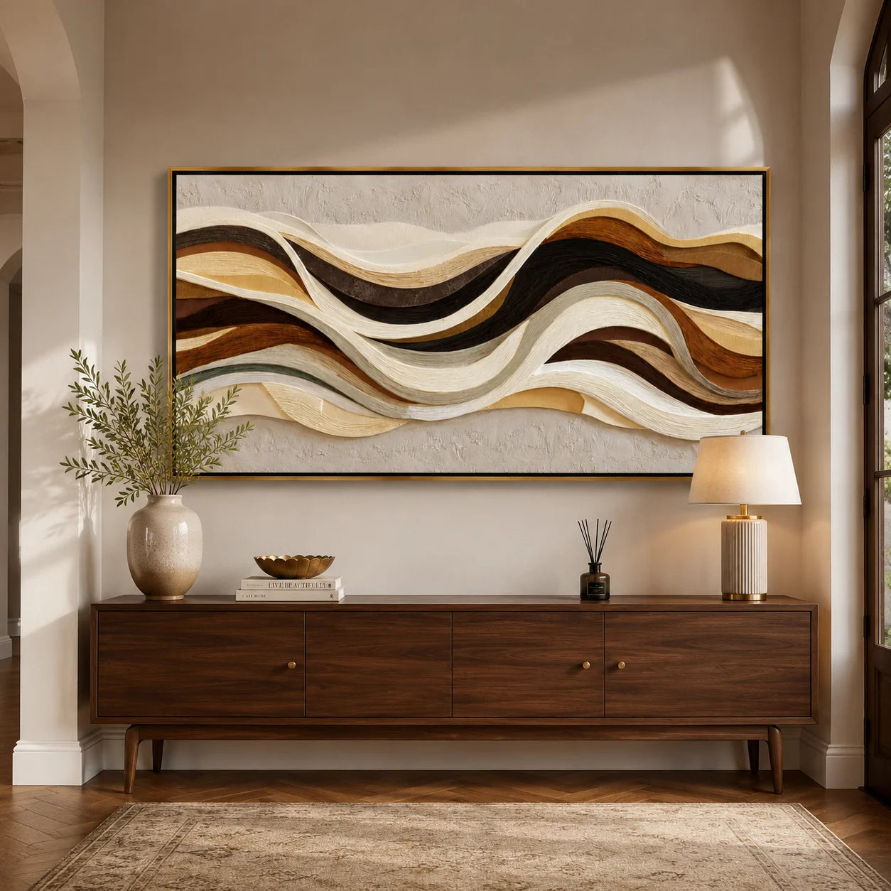 Hand-Painted Textured Abstract Wall Art, Brown Beige Wave Oil Painting for Modern Luxury Home Decor#OA 0921