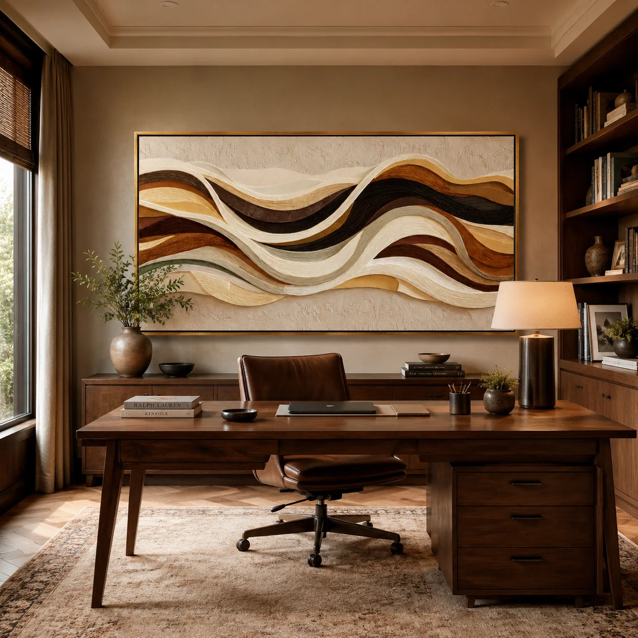 Hand-Painted Textured Abstract Wall Art, Brown Beige Wave Oil Painting for Modern Luxury Home Decor#OA 0921