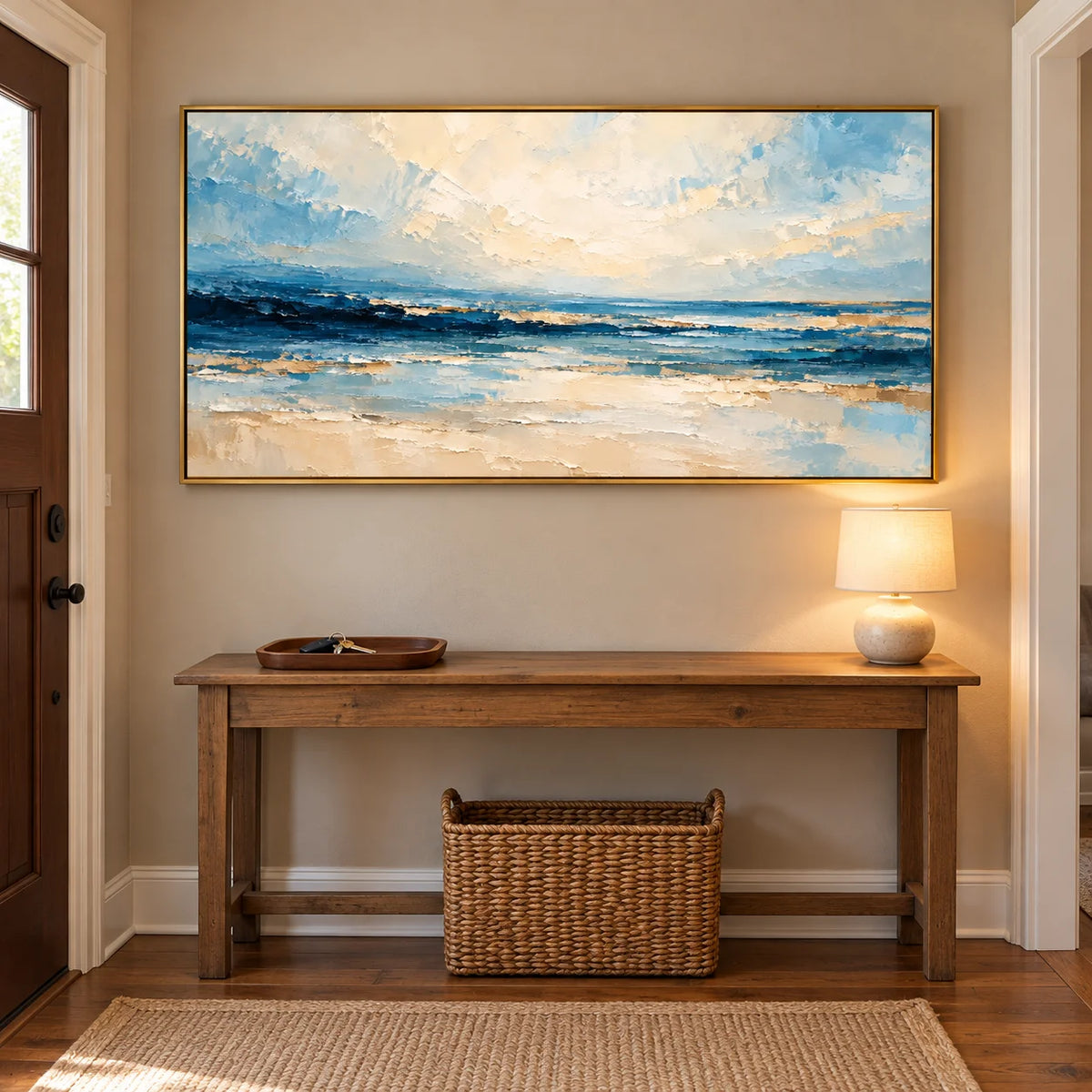 Ownanart Hand-Painted Textured Seascape Oil Painting – Blue Ocean Waves & Cream Sky, Horizontal Coastal Wall Art