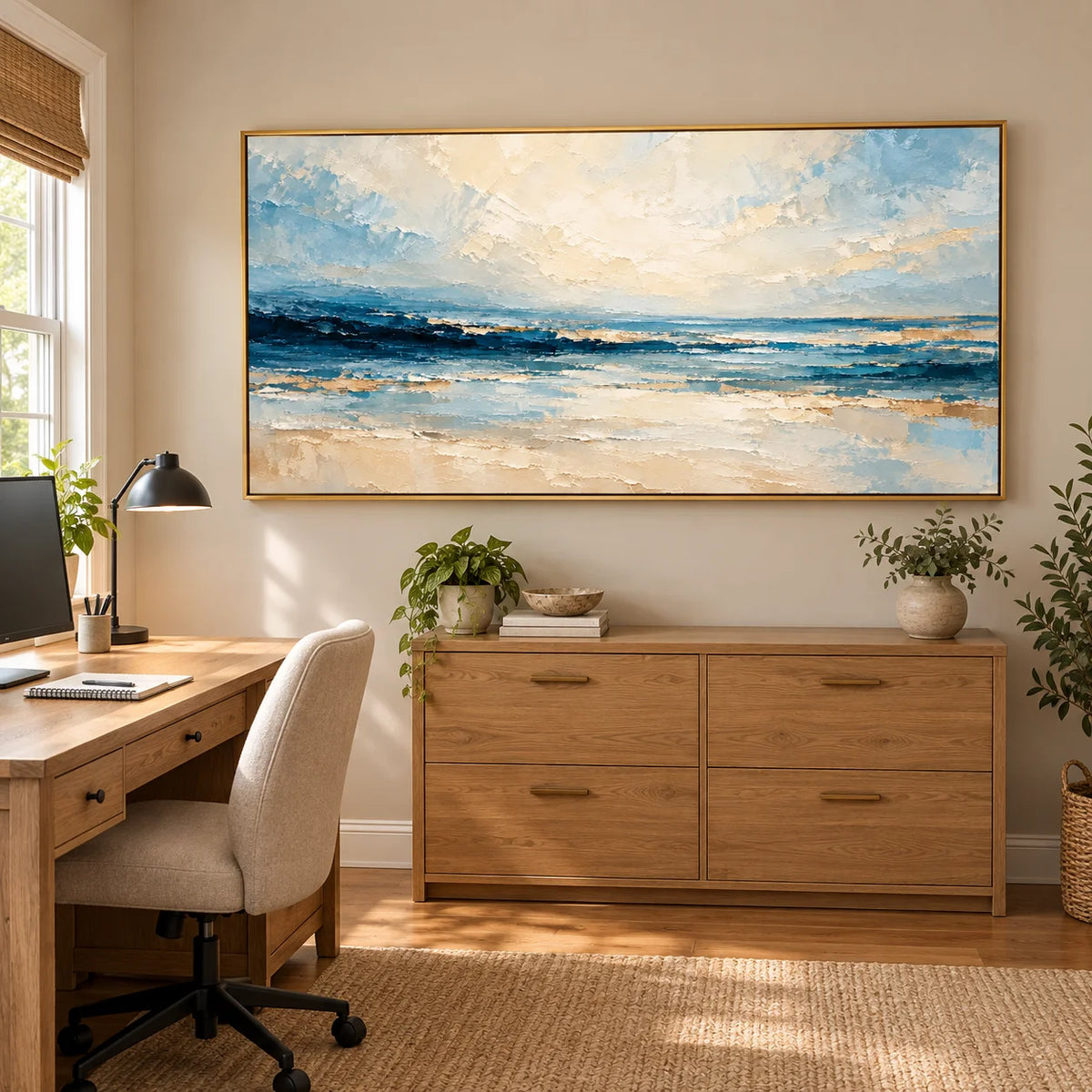 Ownanart Hand-Painted Textured Seascape Oil Painting – Blue Ocean Waves & Cream Sky, Horizontal Coastal Wall Art