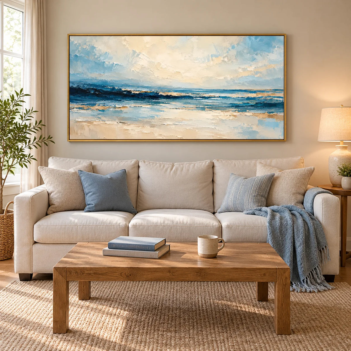 Ownanart Hand-Painted Textured Seascape Oil Painting – Blue Ocean Waves & Cream Sky, Horizontal Coastal Wall Art #OA 1412
